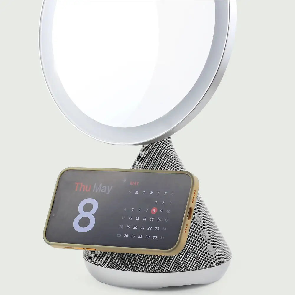 Close-up of the re-nū 3-in-1 Smart Beauty Mirror showcasing the built-in Bluetooth speaker 