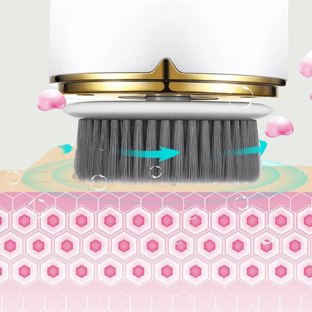 Close-up of PureSpin Rotating Facial Cleansing Brush with soft gray bristles exfoliating skin surface, showing gentle circular motion and pore-level cleansing action