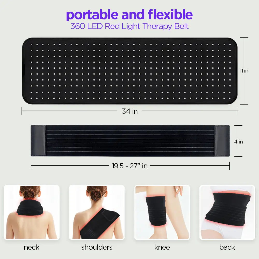 Infographic image showing the 360 LED Red Light Therapy Belt with full product dimensions, illustrated usage positions on different body areas including neck, shoulder, knee, and back. 
