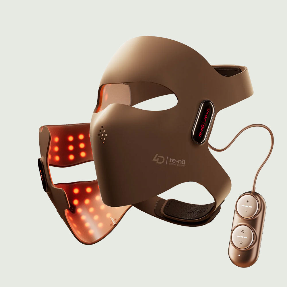 The world's first 4D Laser Light Therapy Mask with control device, featuring a laser array and illuminated re-nū logo.