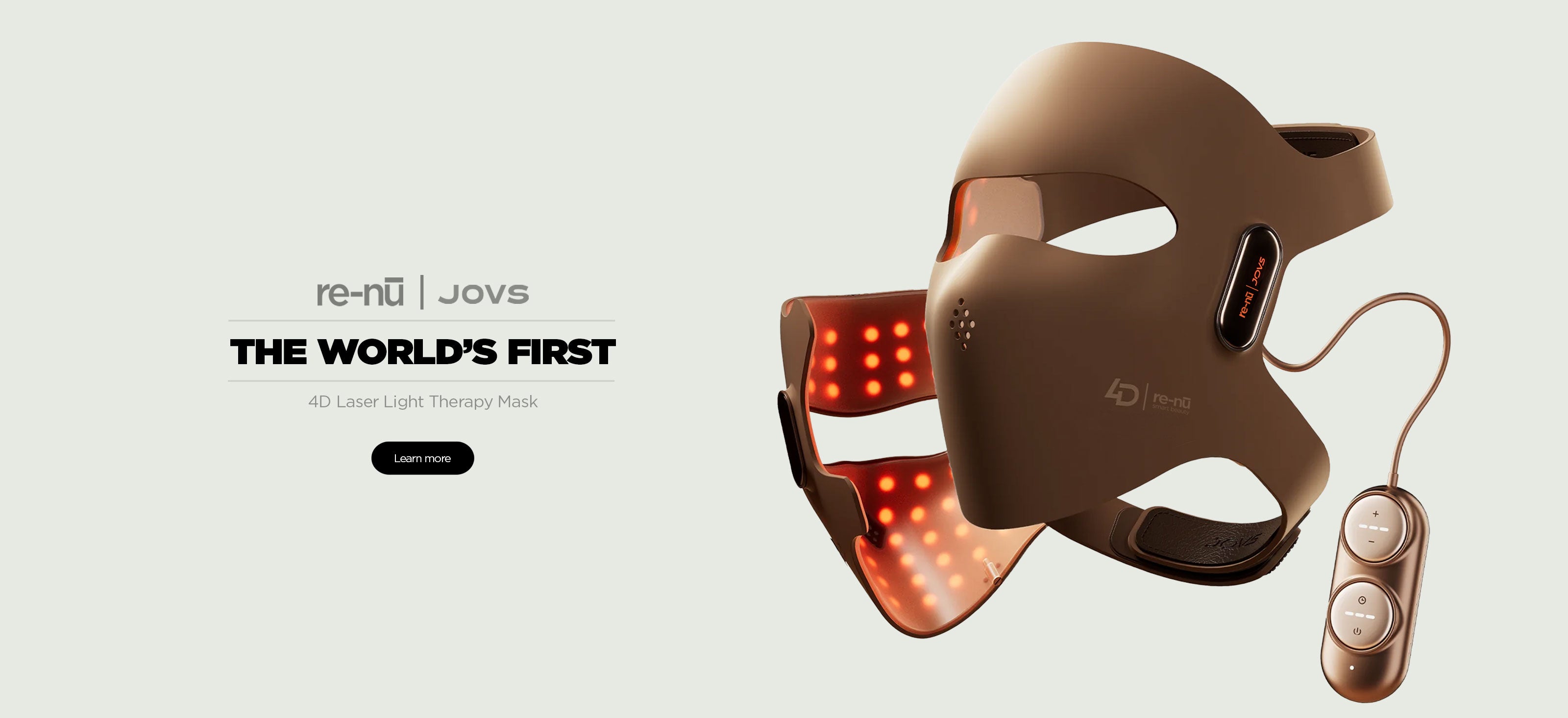re-nū Smart Beauty x JOVS 4D Laser Light Therapy Mask with wearable face wrap and dual-button remote control for advanced skincare treatment, anti-aging, brightening and rejuvenation.