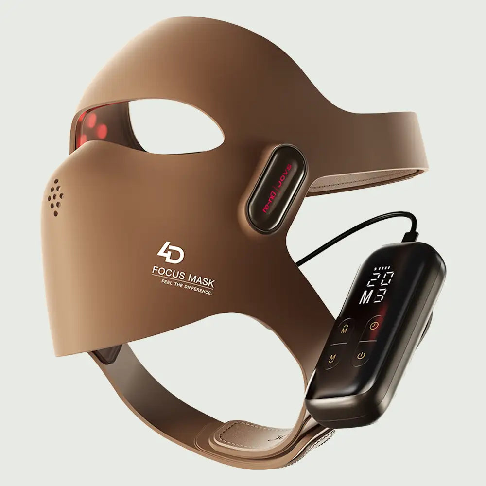 The world's first 4D Laser Light Therapy Mask with control device, featuring a laser array and illuminated display controller.