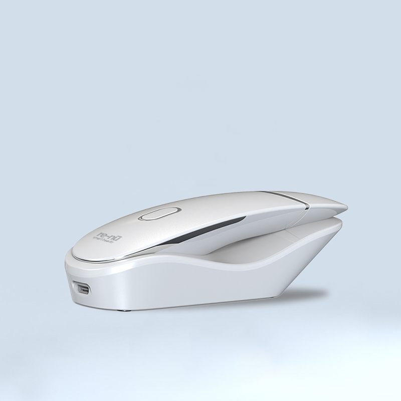 A white wireless mouse positioned on a blue surface, highlighting its sleek design and modern technology.