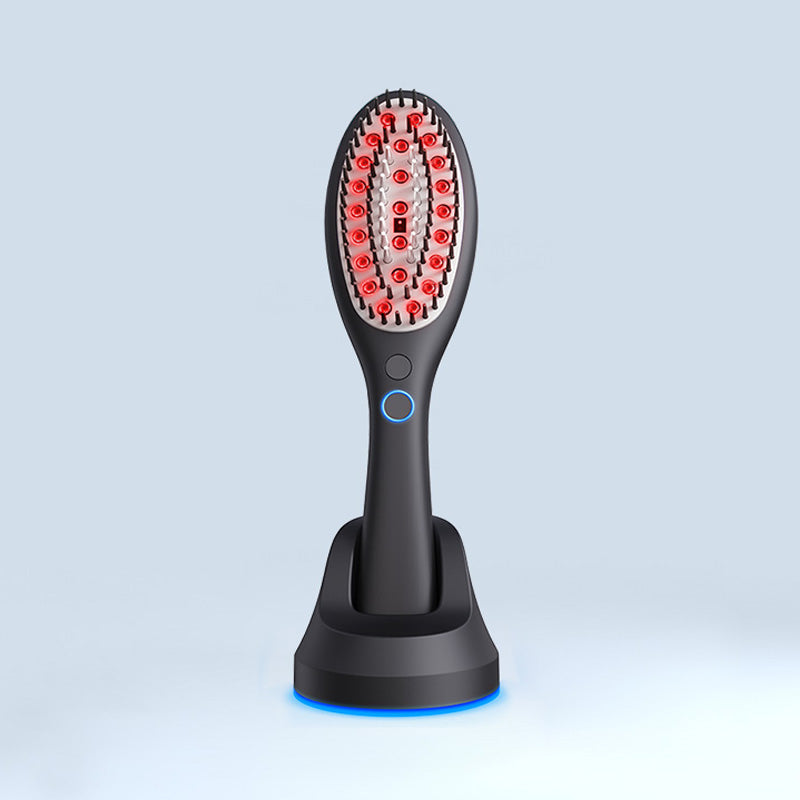 A black hair brush featuring red LED lights, designed for mask LED light therapy treatment