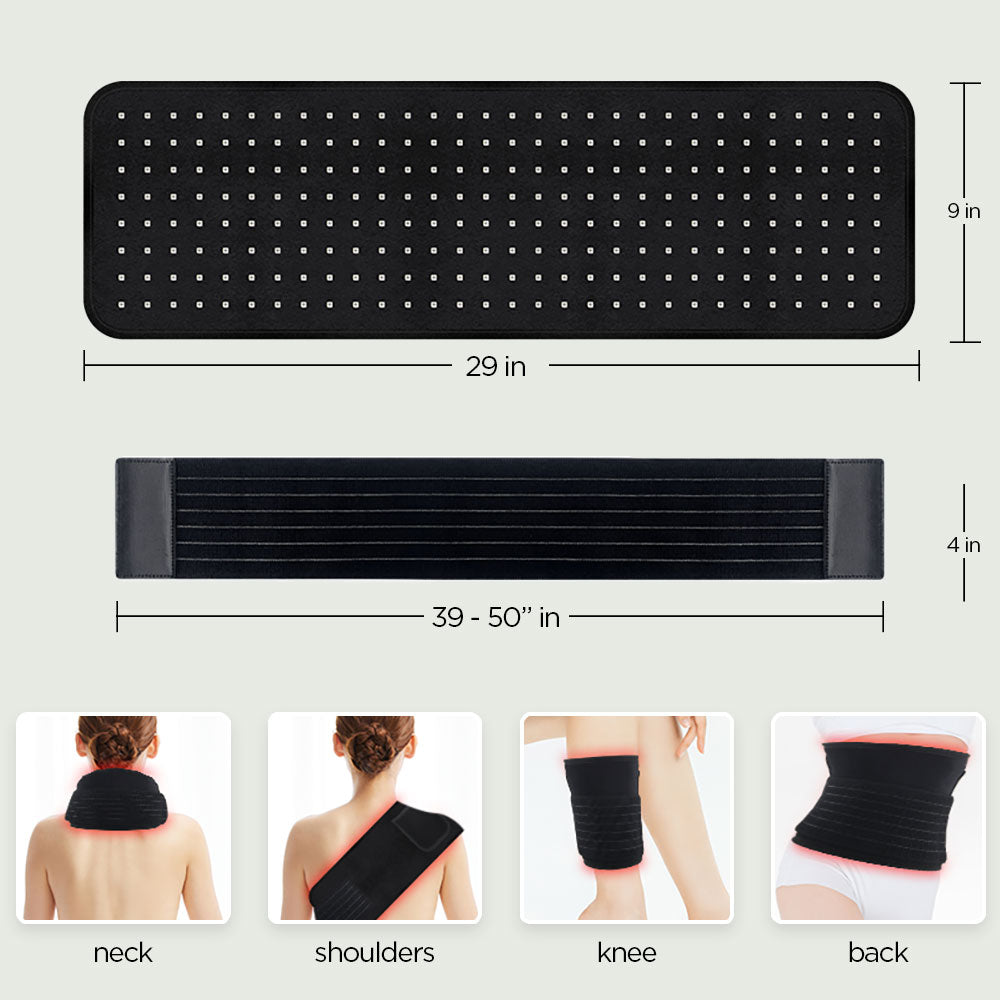 Size chart and usage guide of the 240 LED Red Light Therapy Belt  showing belt dimensions and multiple body areas it can be used on including neck, shoulders, knee, and back.