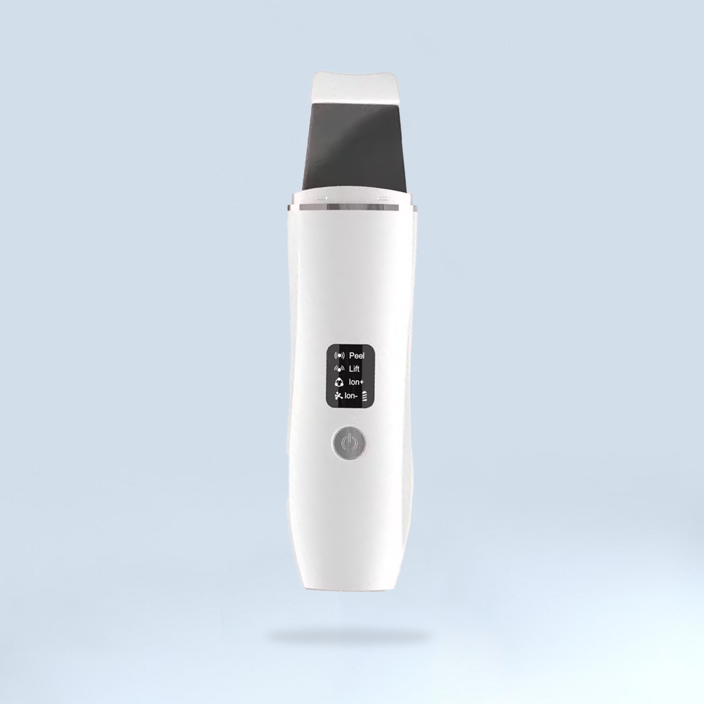 A white electric toothbrush featuring a sleek black handle, designed for effective oral care and enhanced with LED light therapy.