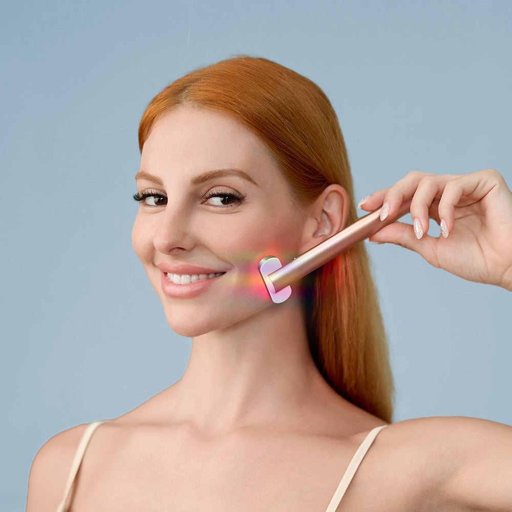 A woman with a clean face gently touching her cheeks, showcasing the benefits of LED light therapy for skin rejuvenation.