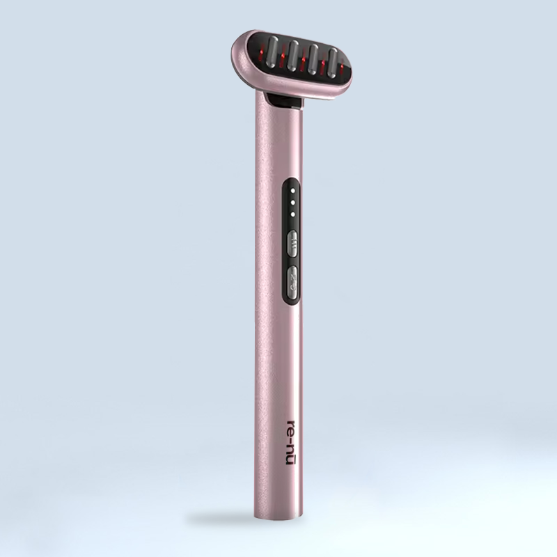 A pink electric razor featuring a black handle, designed for precision grooming and enhanced with Mask LED Light Therapy.