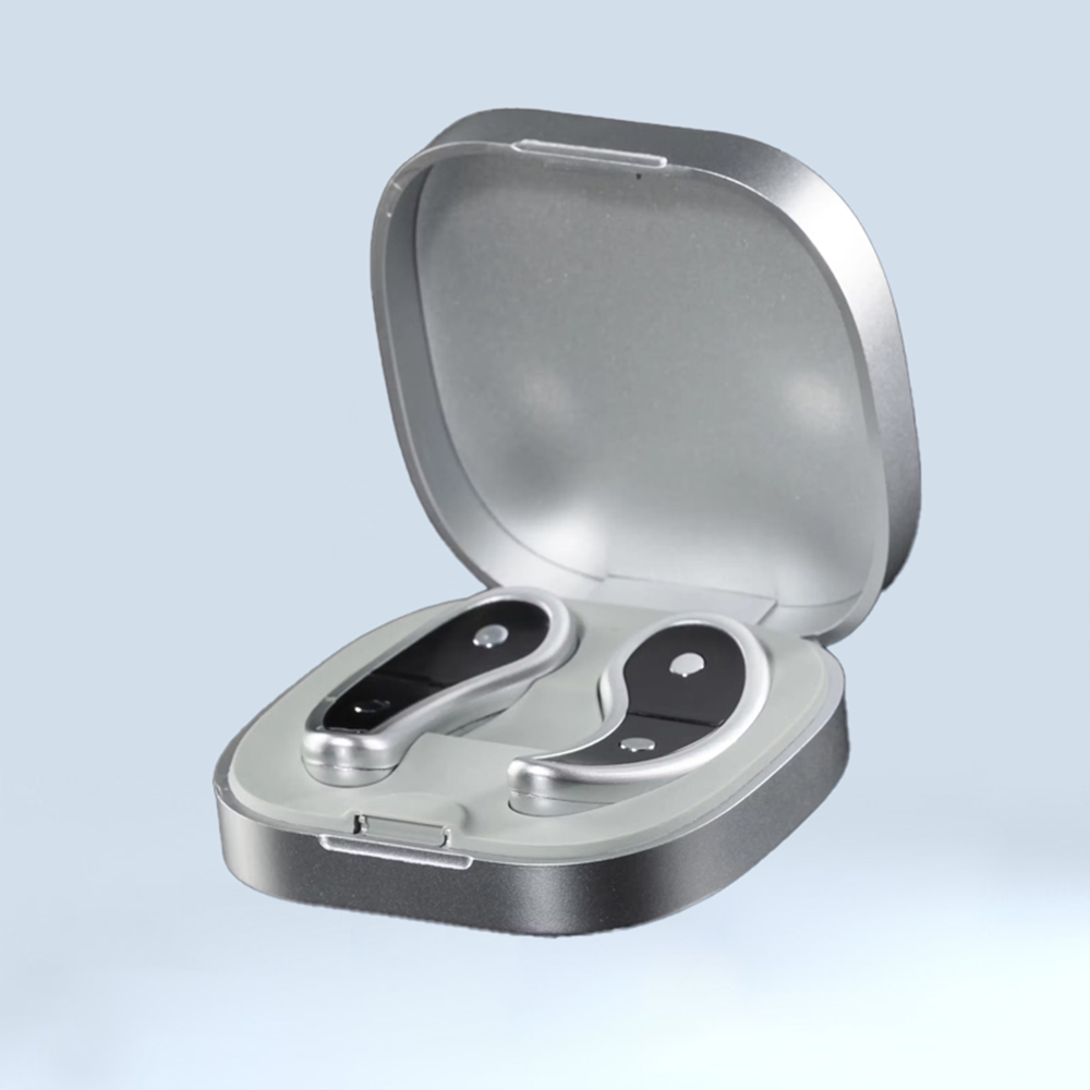 A pair of earbuds nestled in a sleek silver case, showcasing modern design and functionality.