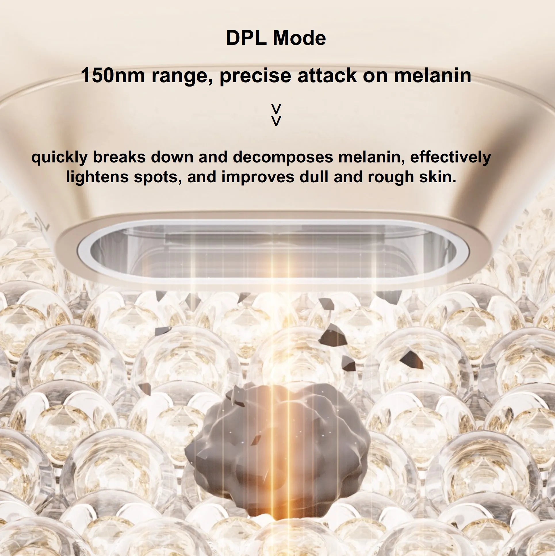 Graphic showing how DPL mode lightens spots and targets melanin, brightening and improving your skin