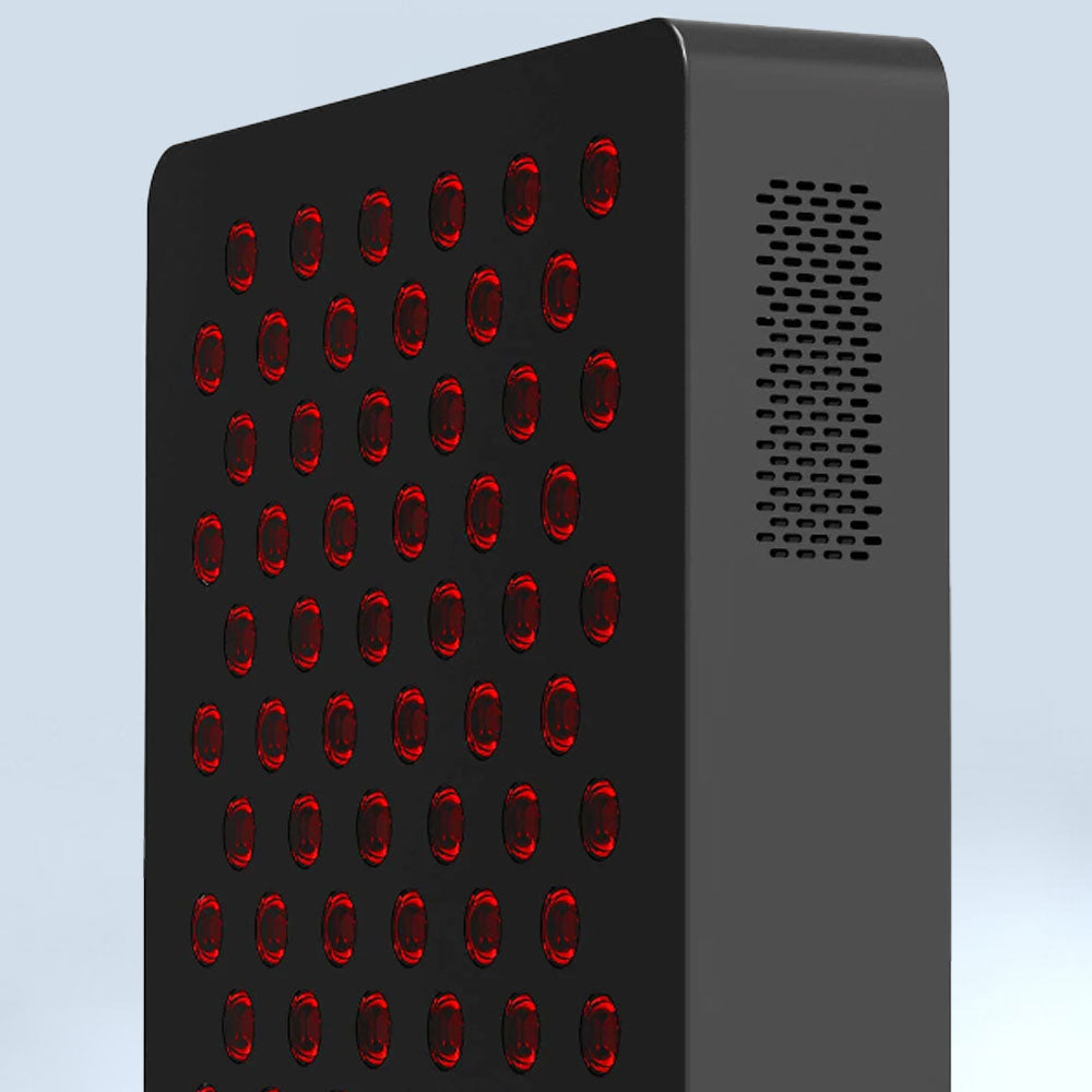 Close-up of the control panel on the LED Red Light Therapy Panel Elite - Extended Coverage, displaying user-friendly buttons and settings for customized treatment options