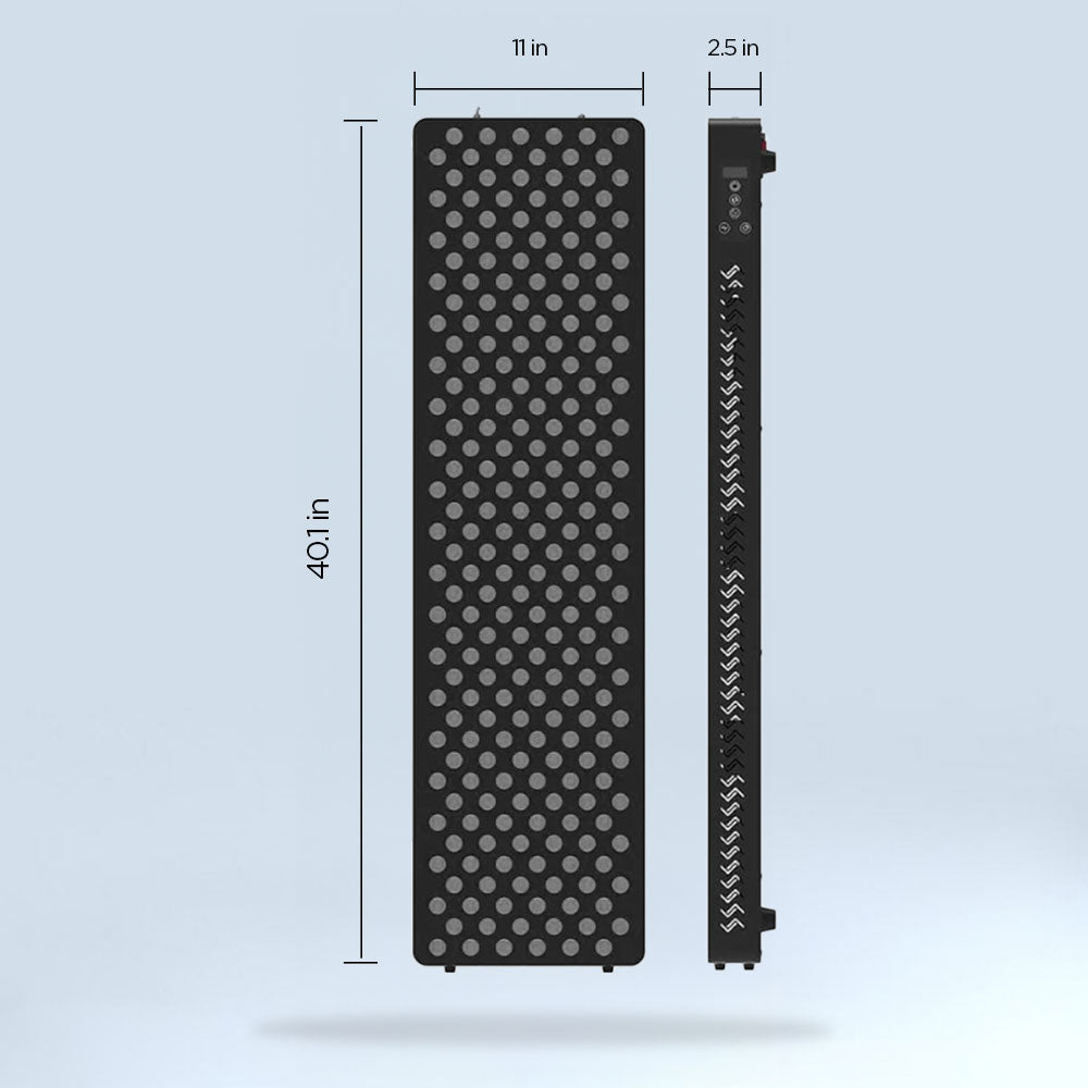 Size chart of the LED Red Light Therapy Panel Elite - Extended Coverage from re-nū Smart Beauty, showcasing its sleek design with multiple LEDs for comprehensive skin treatment.