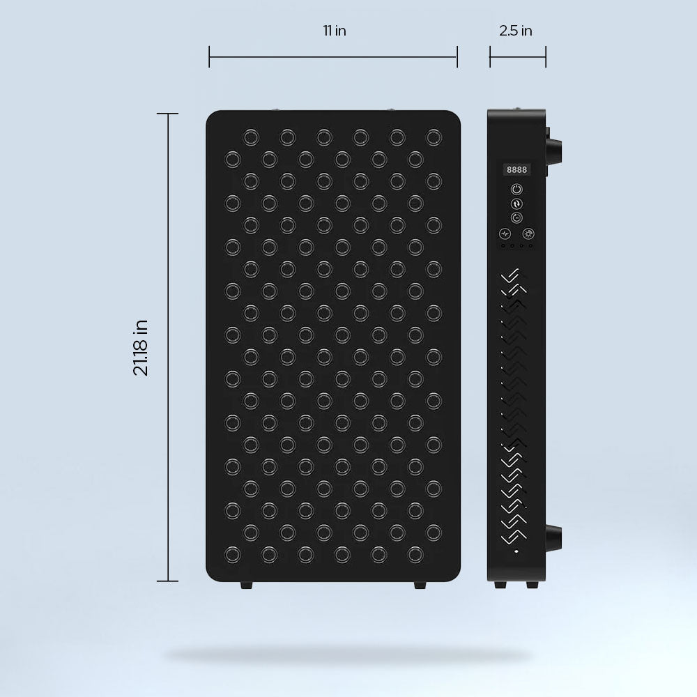 LED Red Light Therapy Panel Elite – Targeted Relief & Skin Rejuvenation shown from front and side with labeled dimensions for height, width, and depth