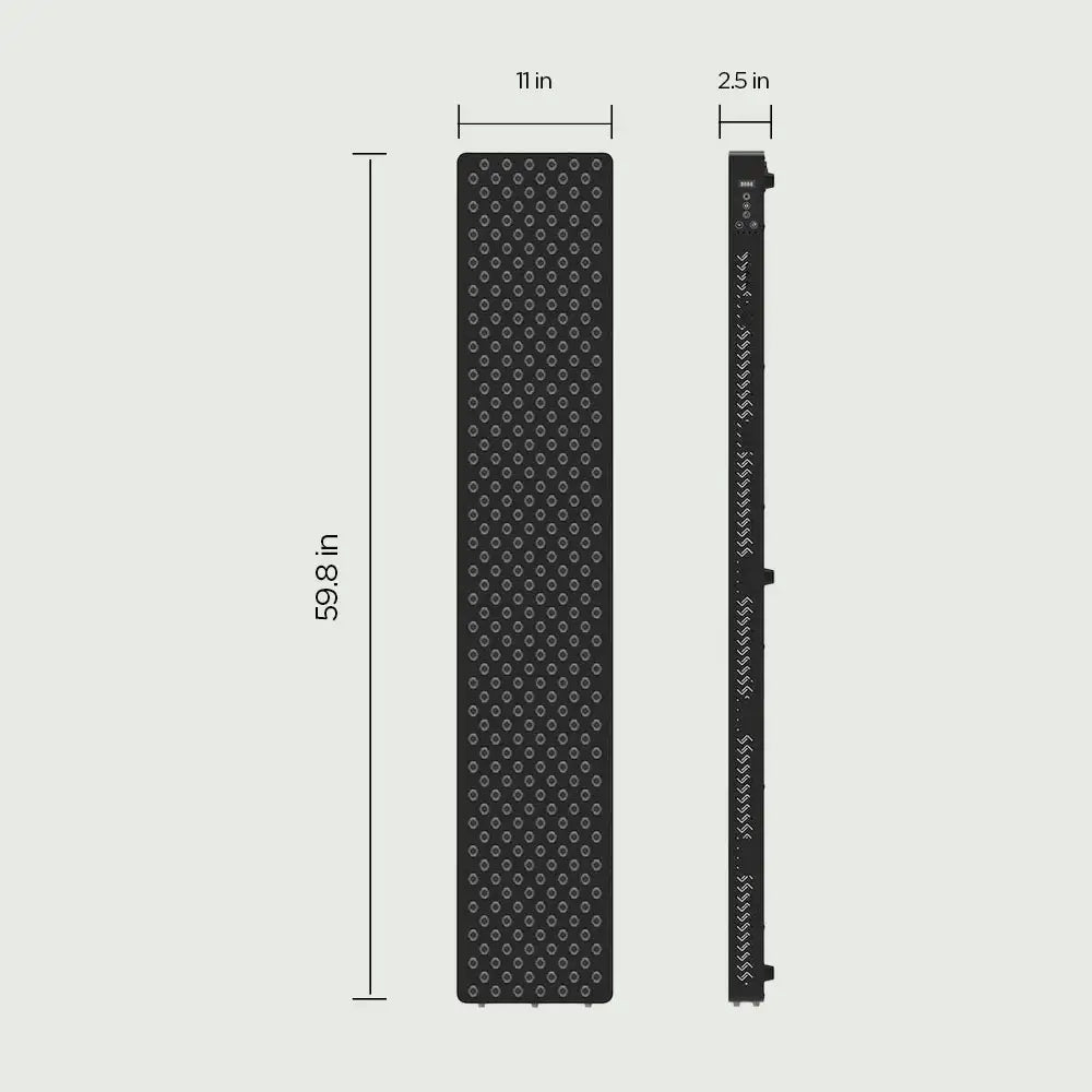 Size chart of the LED Red Light Therapy Panel Elite - Full Body from re-nū Smart Beauty, featuring a vertical array of high-intensity LEDs designed for comprehensive red light therapy treatments. Product dimensions are 59.8" x 11" x 2.5".