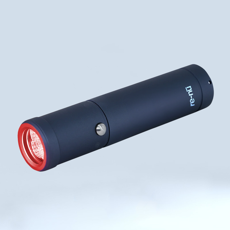 A flashlight emitting a red light, designed for use in Mask LED Light Therapy applications.