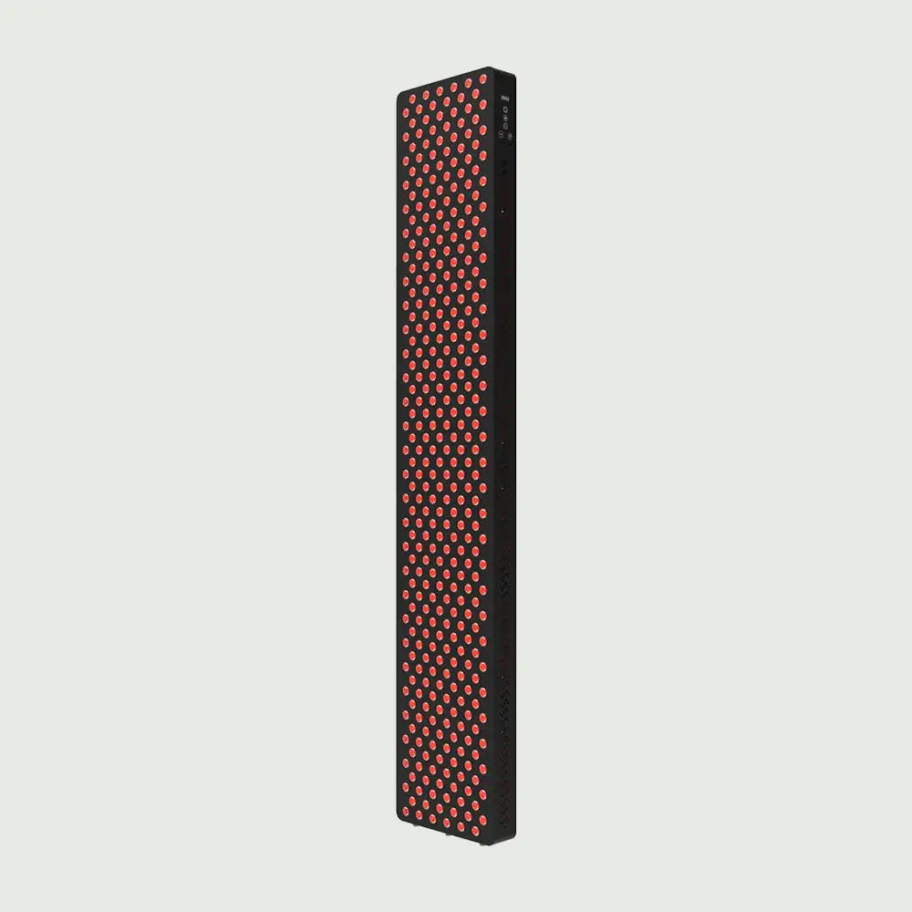 Side view of the LED Red Light Therapy Panel Elite - Full Body, showcasing its sleek design with multiple LED lights for comprehensive skin treatment