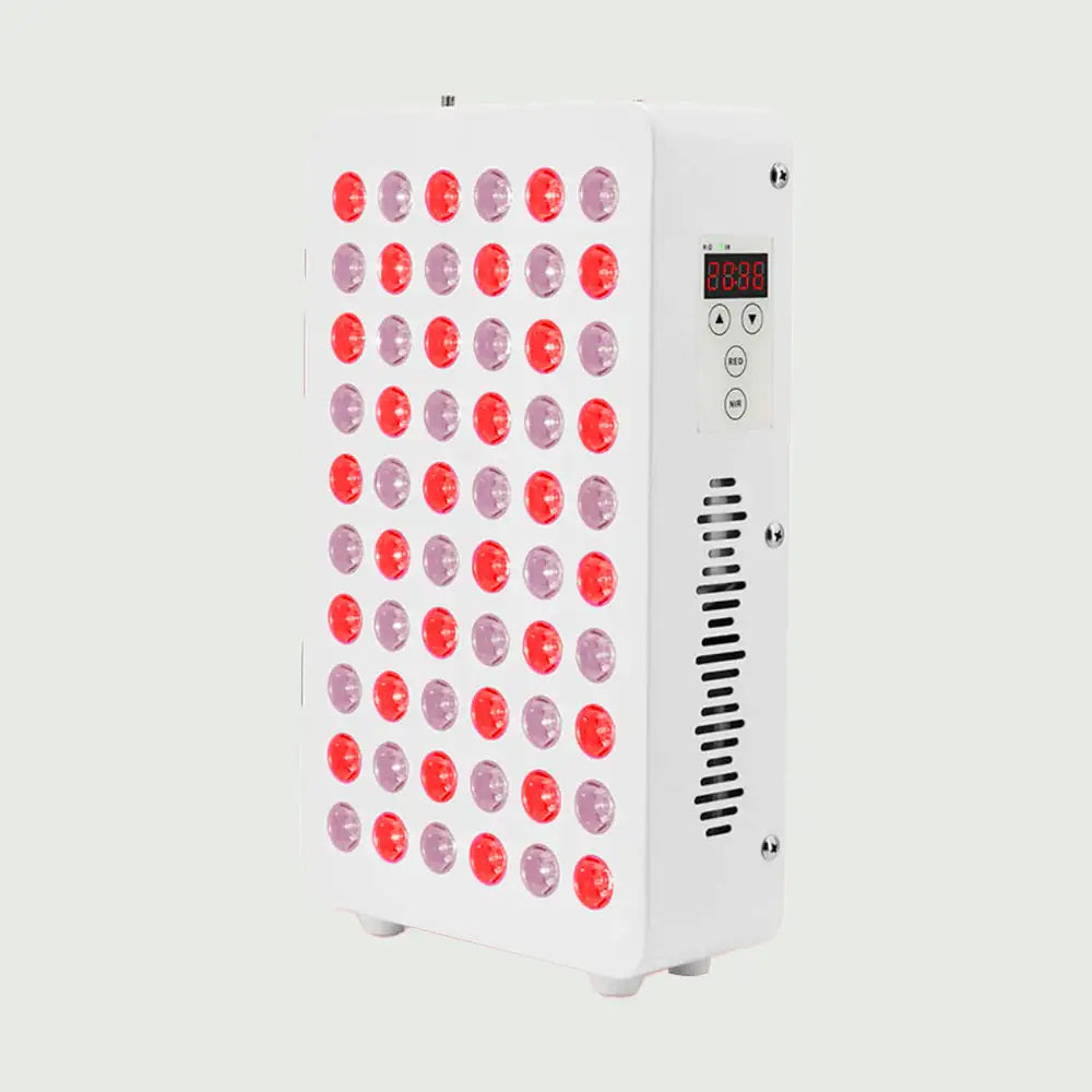 Side view of LED Red Light Therapy Panel  Tabletop Design showing slim profile, metal housing, and full LED array for targeted light therapy