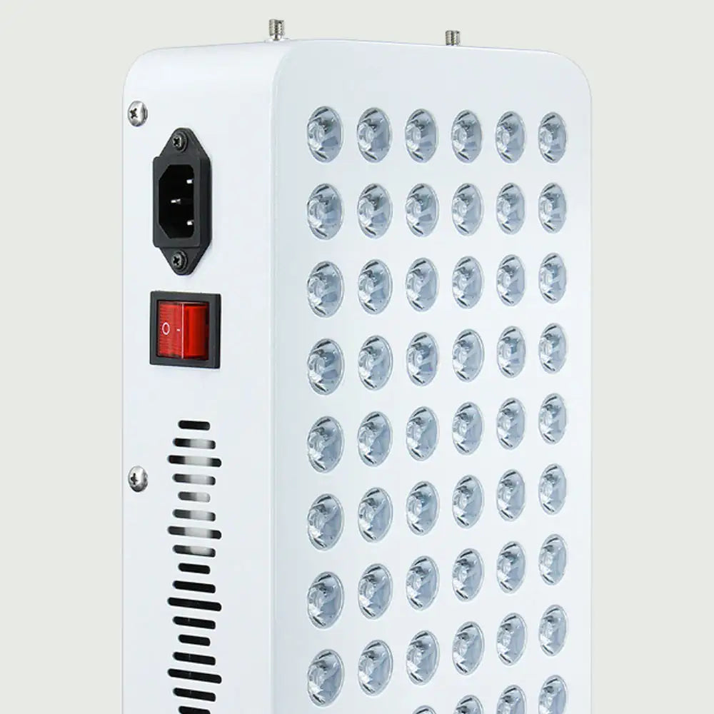Close-up of LED Red Light Therapy Panel – Tabletop Design for Anti-Aging & Healing showing dual-wavelength LED bulbs in grid layout