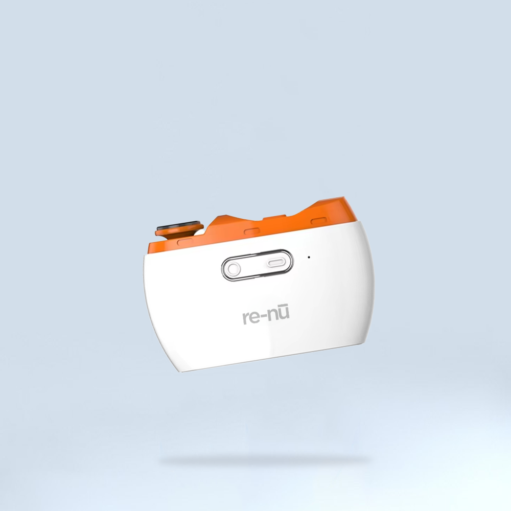 A white and orange LED light therapy device featuring a built-in camera for skin treatment solutions.