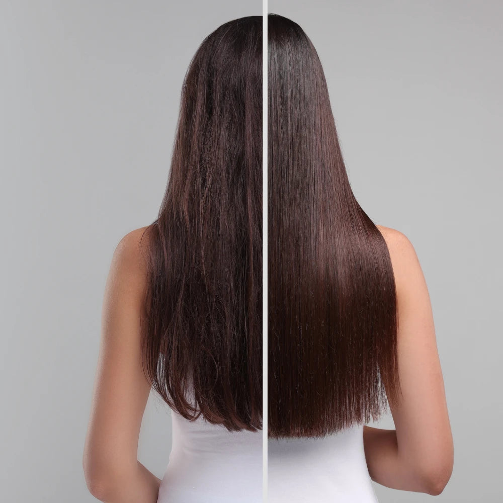 Side-by-side comparison of a woman's hair before and after using the Plasma Laser Hair Growth Comb – showing visible improvement in thickness, volume, and shine after regular use.