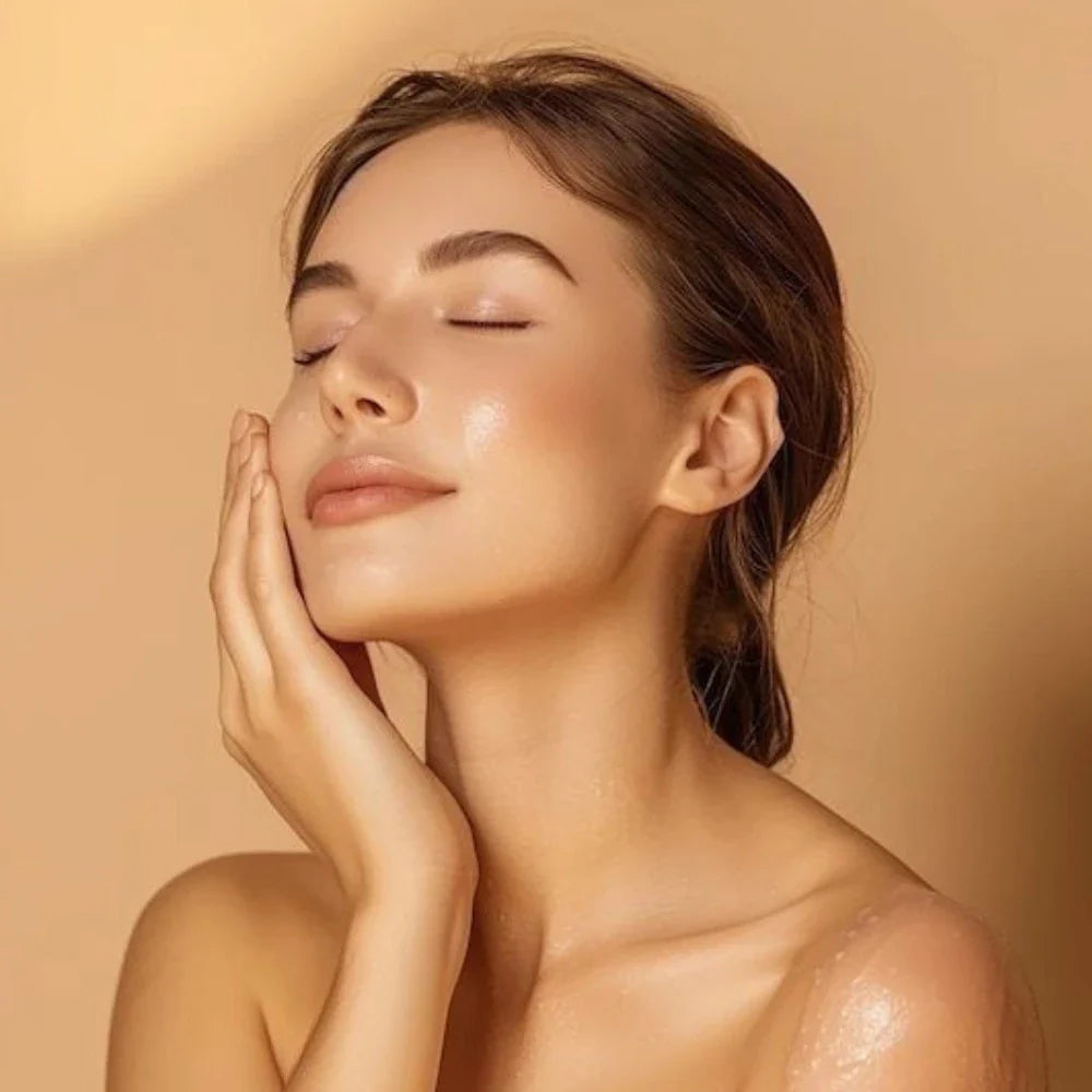 Close-up of a woman’s smooth, radiant skin after using the Compact LED Facial Toning Massager from re-nū Smart Beauty, showcasing lifted contours and even tone