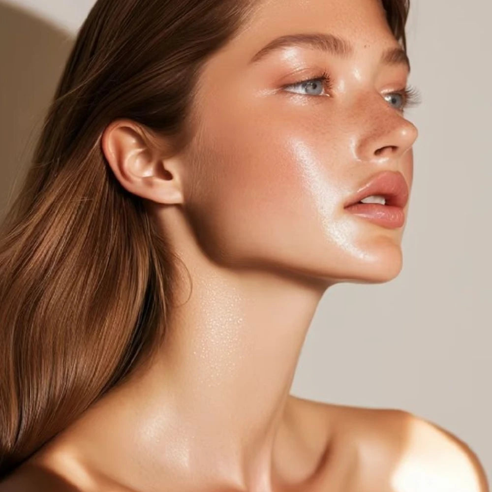 Confident woman showing radiant face and neck after using the re-nū PurePulse Elite Sonic Brush with Heat, highlighting post-cleanse glow and refreshed skin texture.