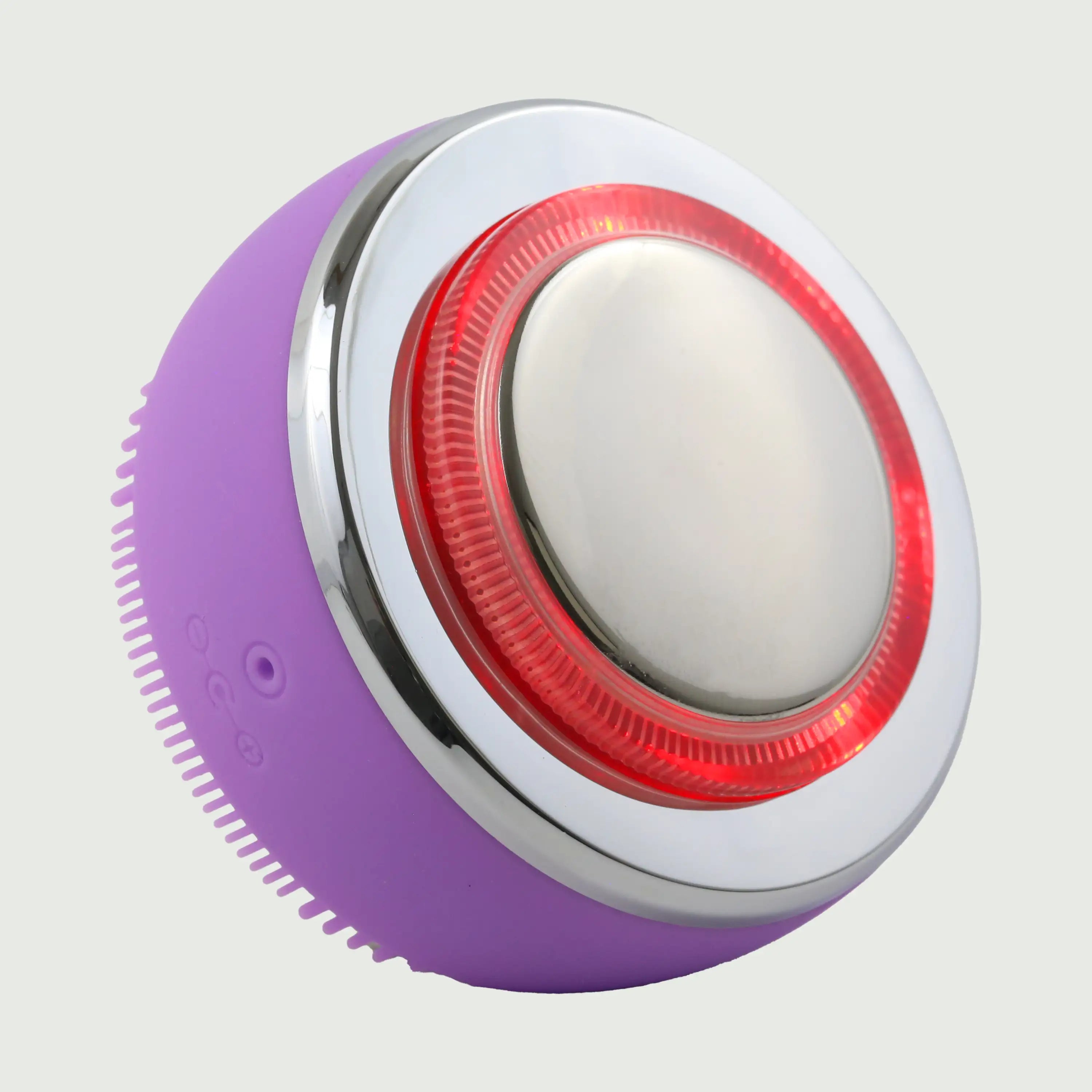 PurePulse Pro Plus Sonic Cleansing Brush in 3/4 view featuring red LED illumination, reflective chrome EMS head, soft-touch silicone bristles, and modern handheld silhouette