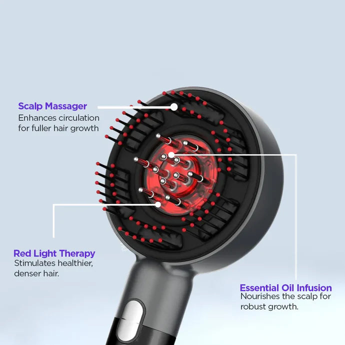 Close-up of LED Therapy Massage Comb head showing red light therapy, scalp massager bristles, and essential oil infusion points for promoting hair growth and scalp nourishment.