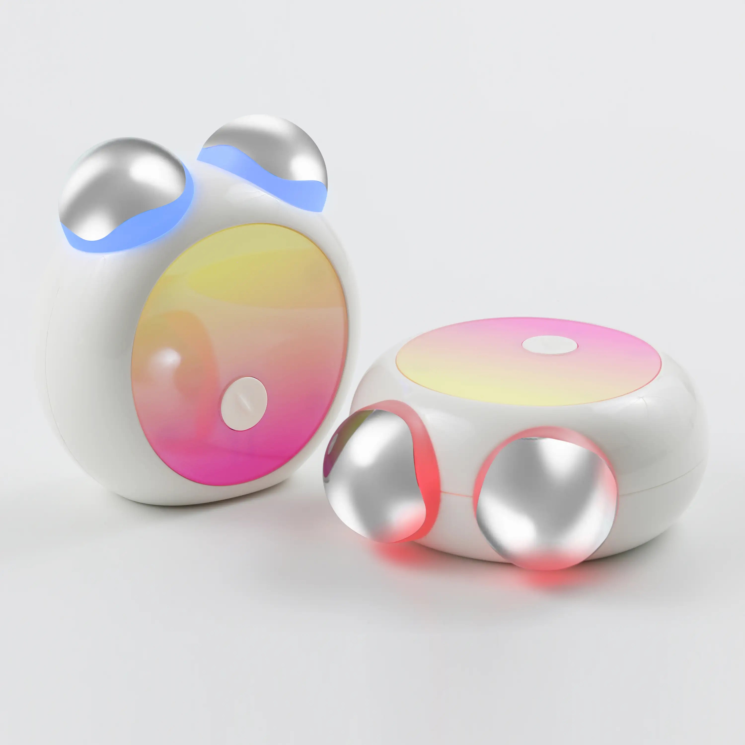 Side and front views of the compact LED Facial Toning Massager featuring an ergonomic design, visible red and blue LED lights, and high-frequency microcurrent EMS massage rollers.