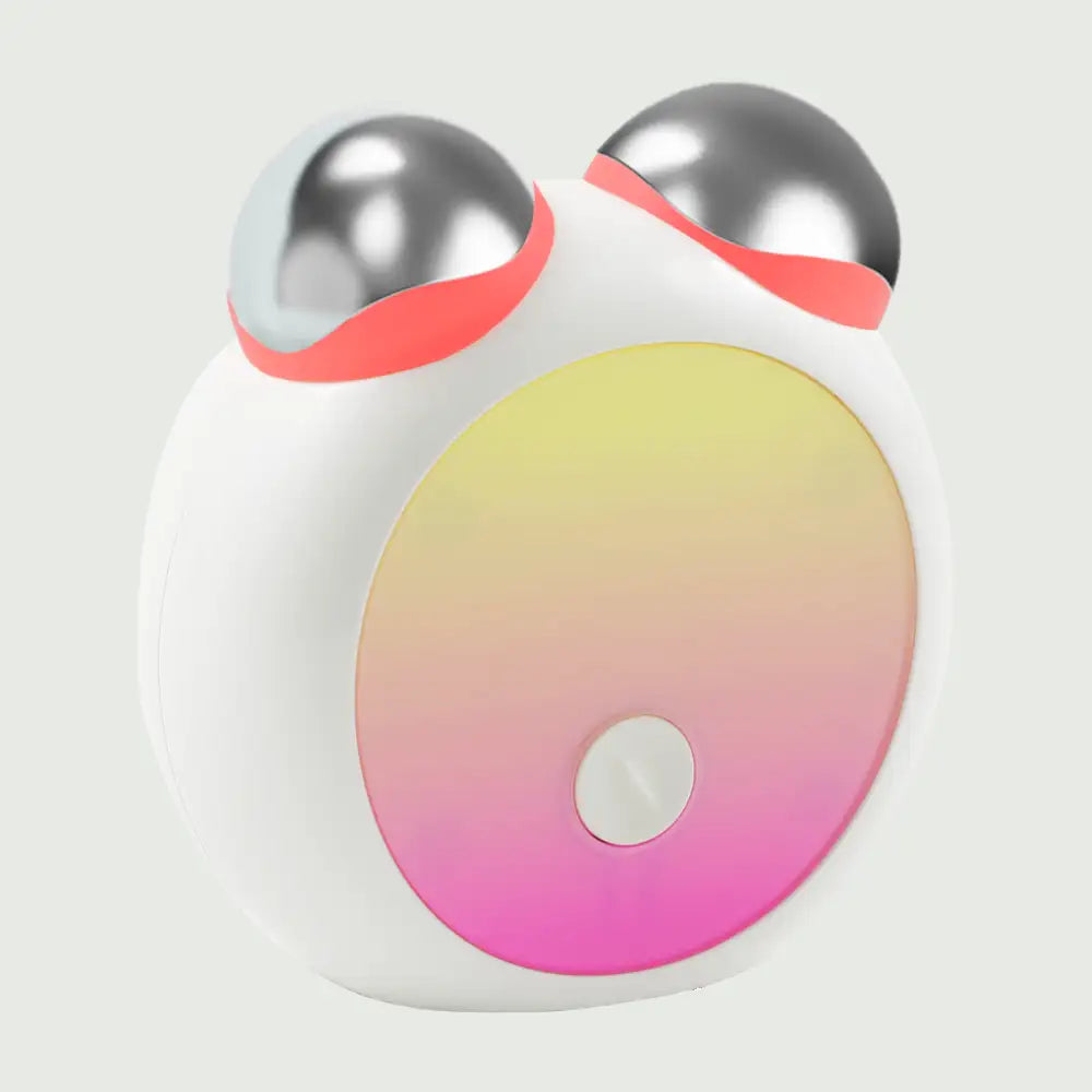 Side angle view of the compact LED Facial Toning Massager, front view showing the smooth, ergonomic design with visible LED light High Frequency Microcurrent EMS massage rollers.