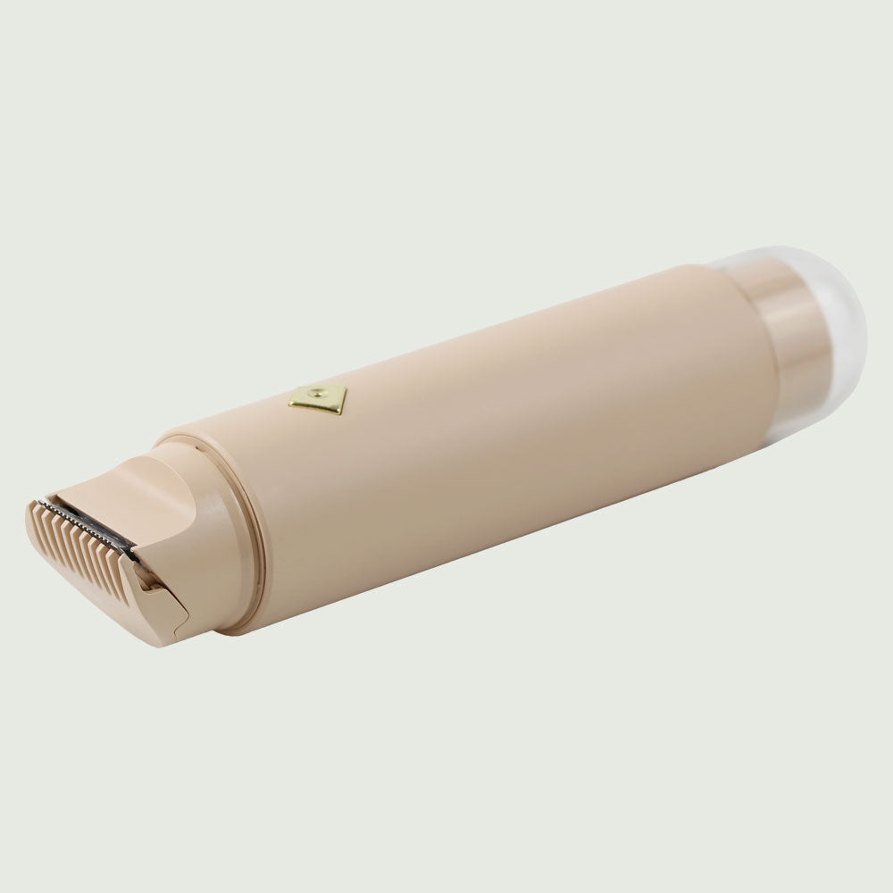 A flat image of the Double-Headed Personal Grooming Trimmer, highlighting it's stainless steel sculpting clipper head.