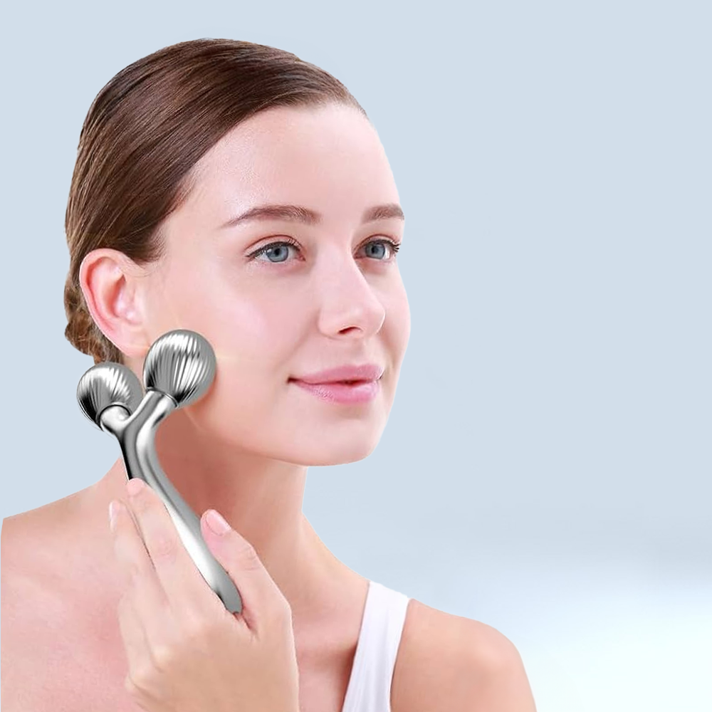 A woman demonstrates a Vibrating EMS Lifting Roller Massager for skin cleansing and rejuvenation.