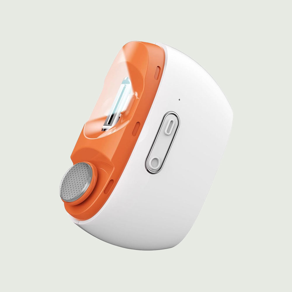 Side view of the precision trimming head on the electric nail trimmer with polisher light.