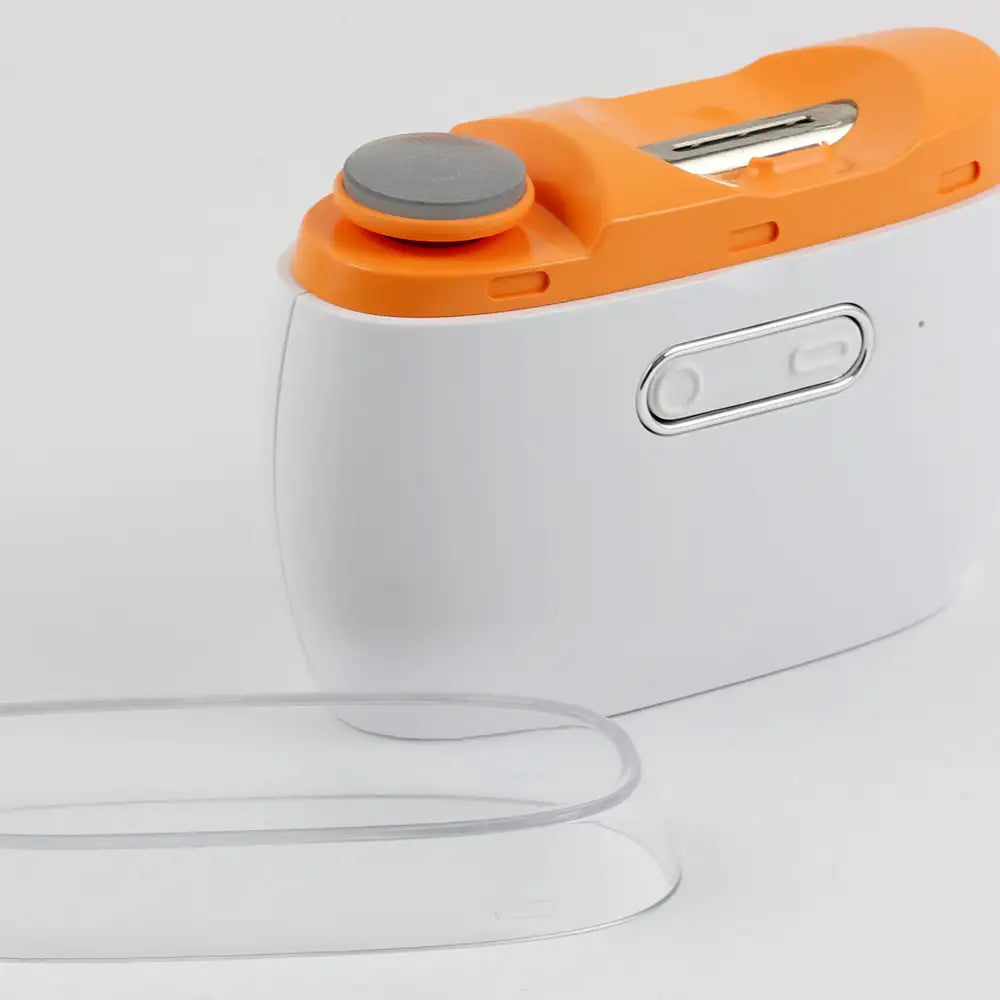 Side view of electric nail trimmer highlighting power button and polishing feature.