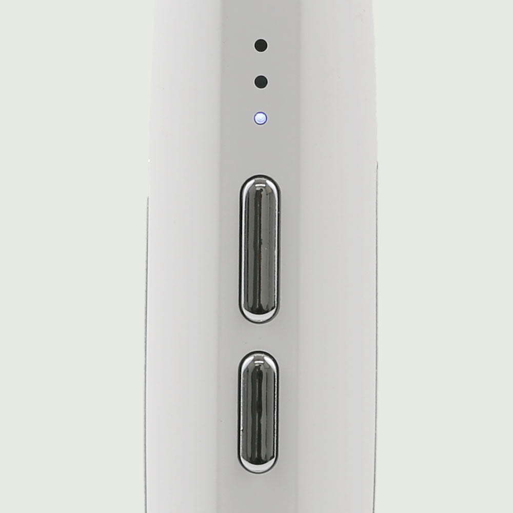 Close-up view of the GlowUp 360° LED light therapy wand with ergonomic design and easy to use controls, ideal for facial skin rejuvenation and anti-aging treatment.