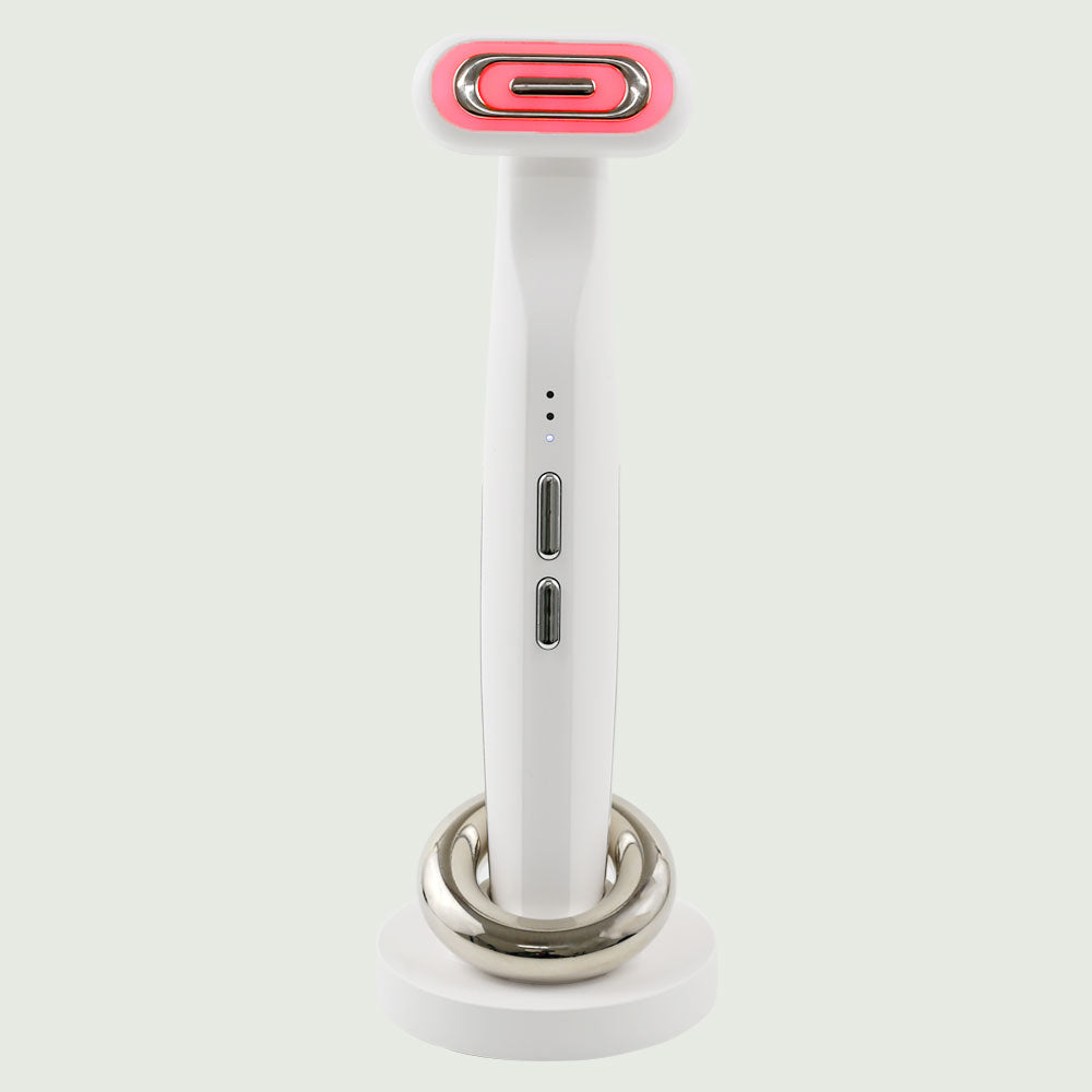 GlowUp 360° LED light therapy wand with ergonomic design and charging base, ideal for facial skin rejuvenation and anti-aging treatment.
