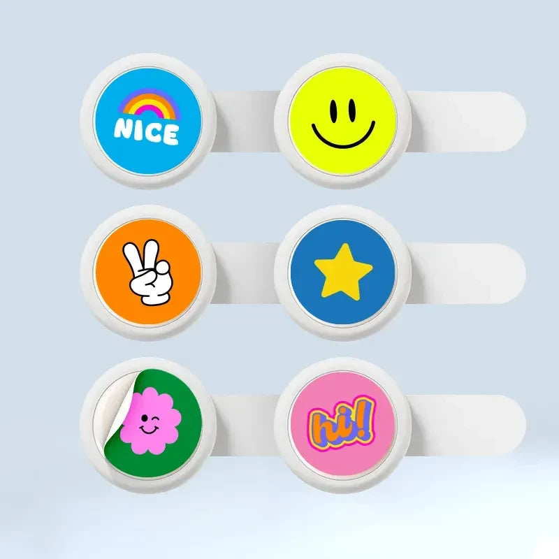 Product image of six GlowUp Acne LED Patches with customizable stickers on a blue background, showcasing fun and personalized acne treatment opti