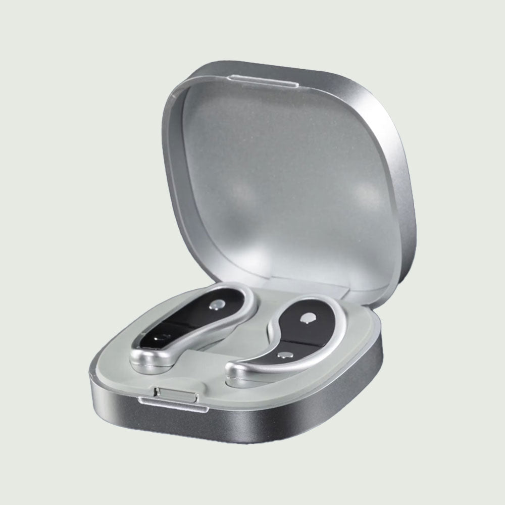 A pair of earbuds nestled in a sleek silver case, showcasing modern design and functionality.
