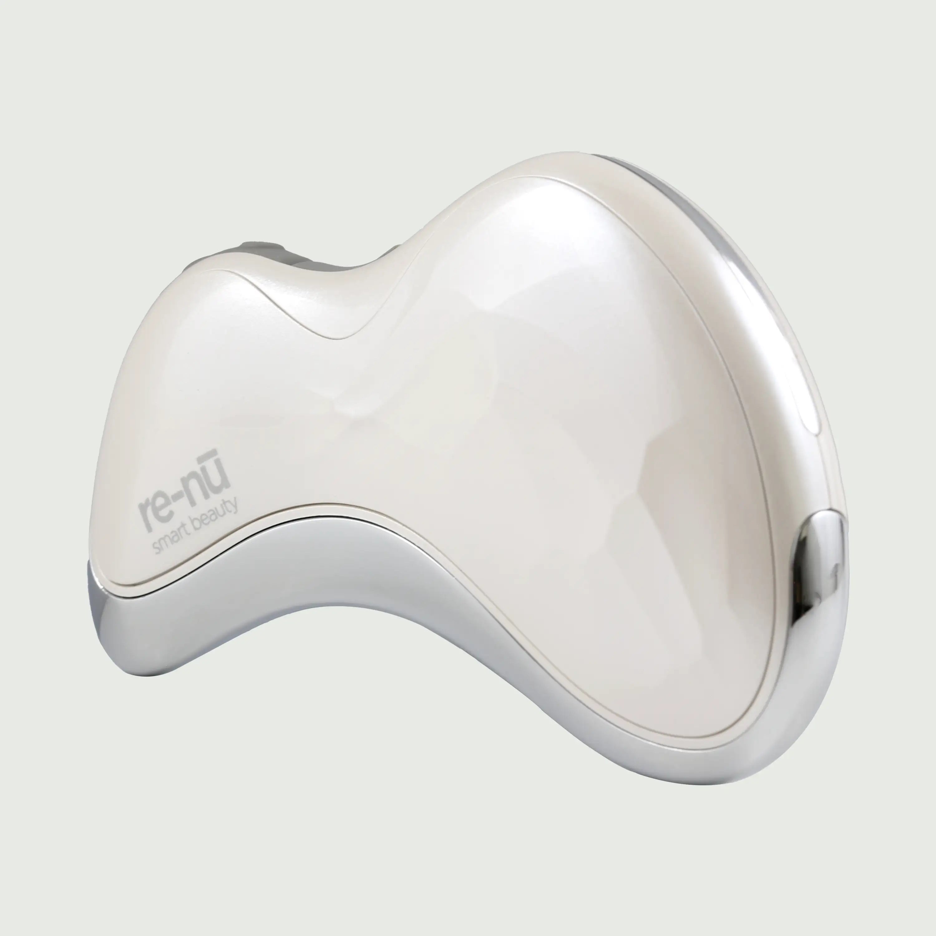 Angled 3/4 view of the Heated Sonic Gua Sha Facial Massager, showcasing the ergonomic design and smooth, sculpting edges.