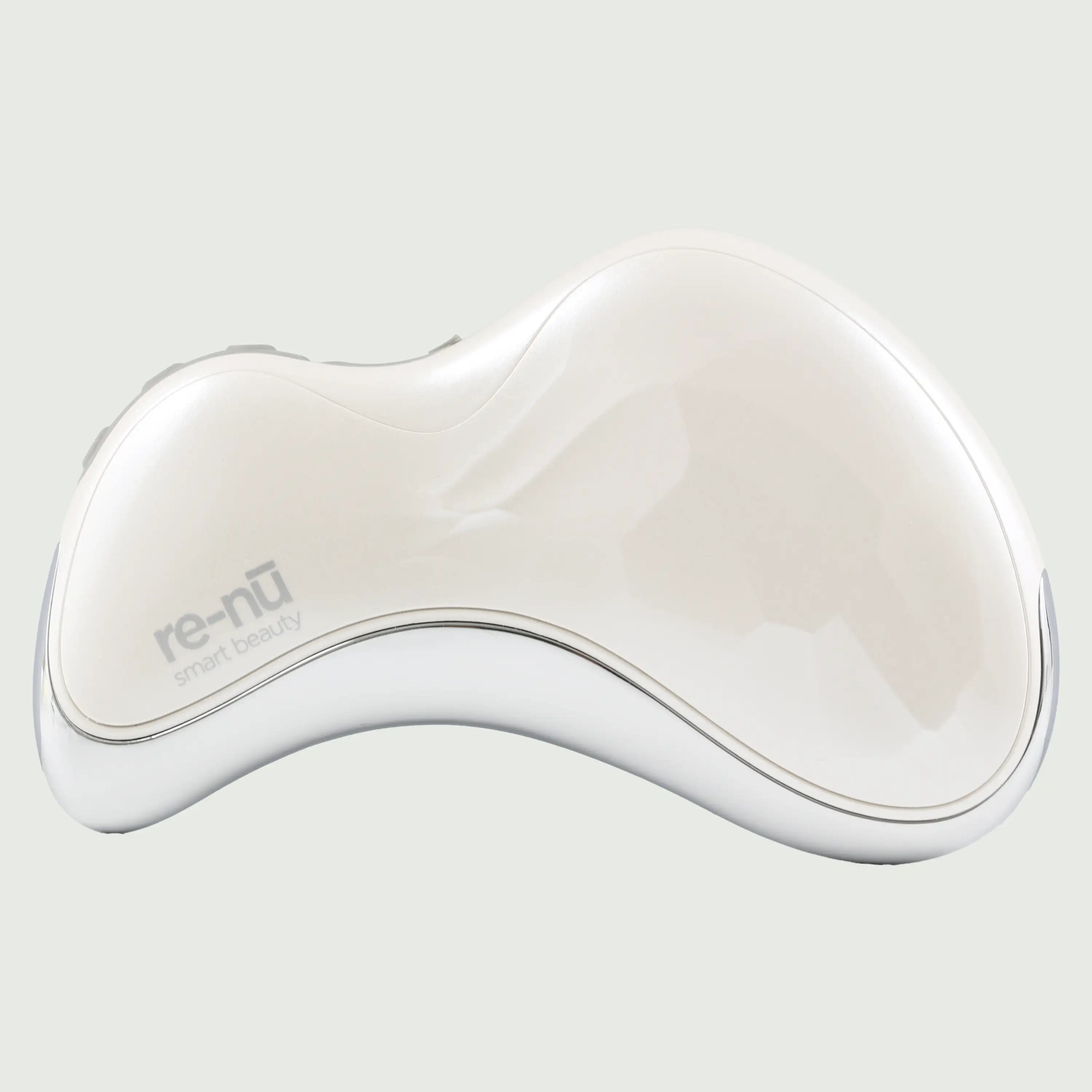 Flat view of the Heated Sonic Gua Sha Facial Massager, showing the smooth surface, V-shaped contour edge, and compact handheld design.