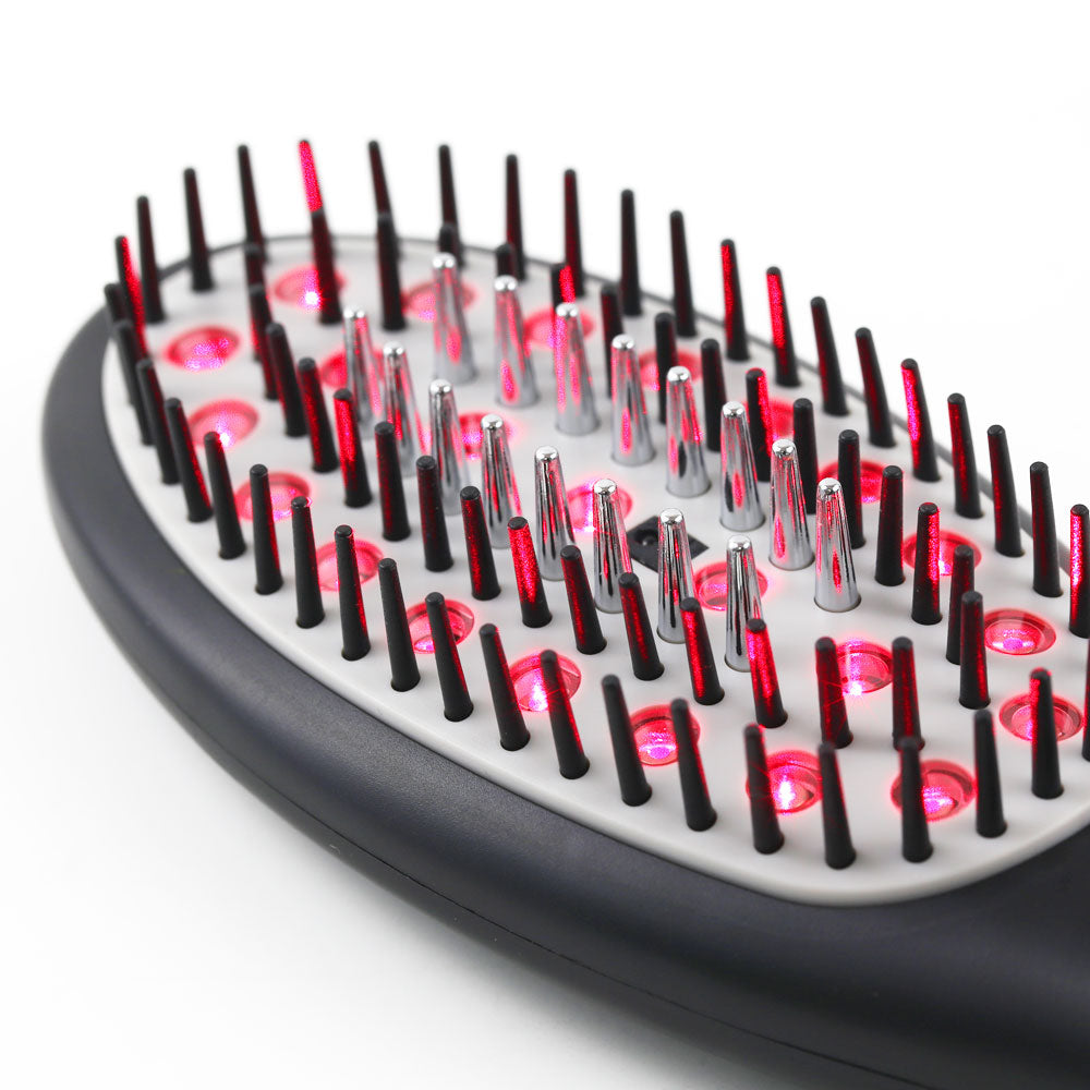 Close-up view of the Laser Hair Growth Brush with red LED low-level laser therapy for activating roots to support hair regrowth.