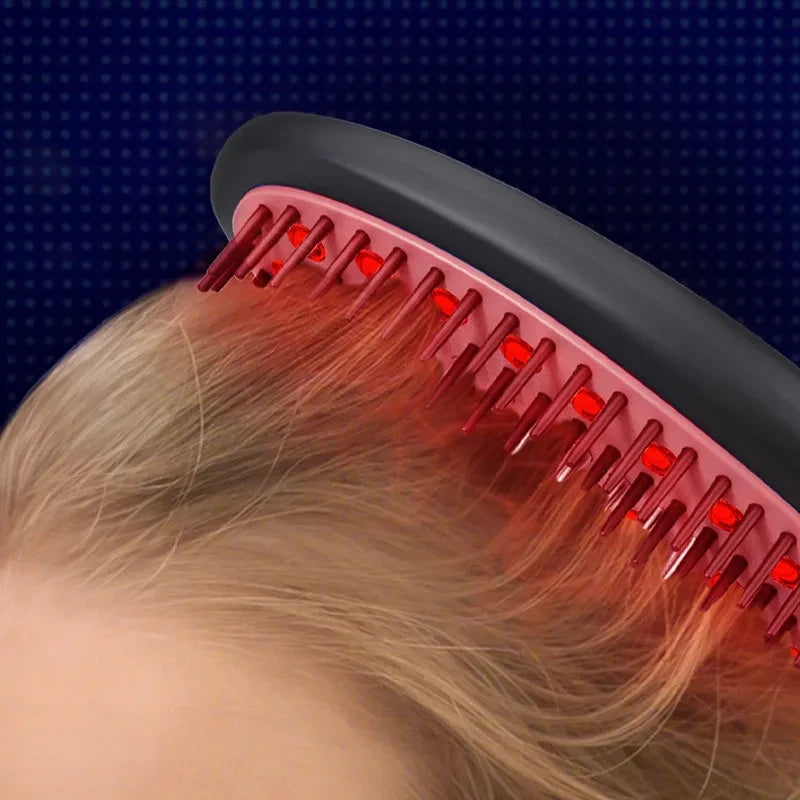 Close-up of the Laser Hair Growth Brush in use, stimulating the scalp to enhance circulation and support healthy hair growth.