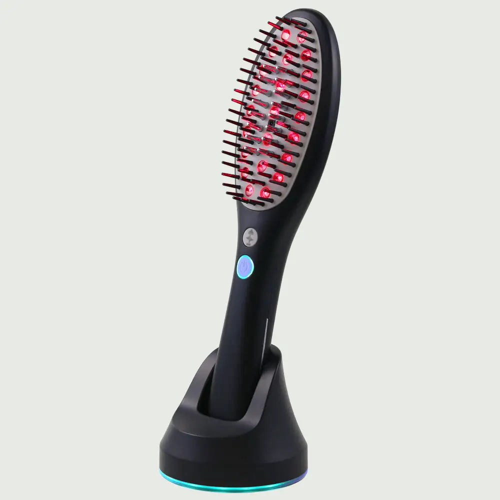 Side View of red light therapy LED bristles on the Laser Hair Growth Brush, designed to stimulate scalp circulation and hair follicles.