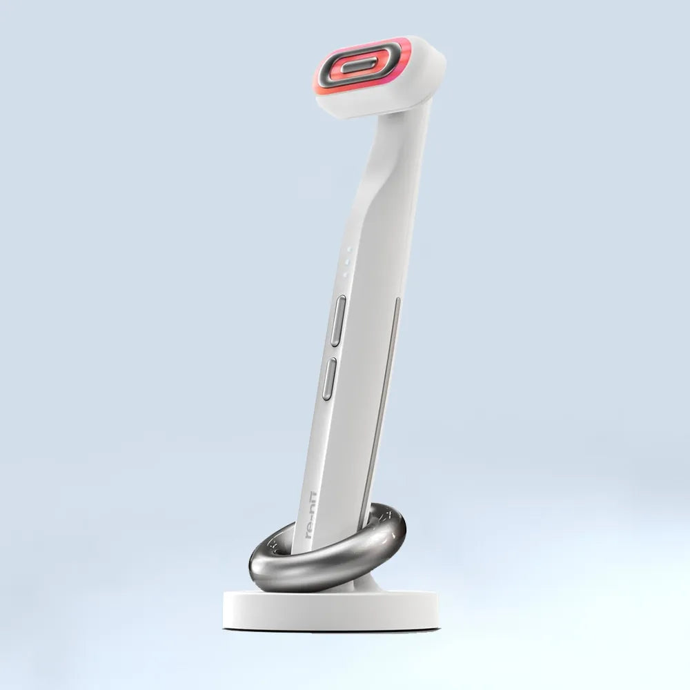 GlowUp 360° LED light therapy wand with ergonomic design and charging base, ideal for facial skin rejuvenation and anti-aging treatment.