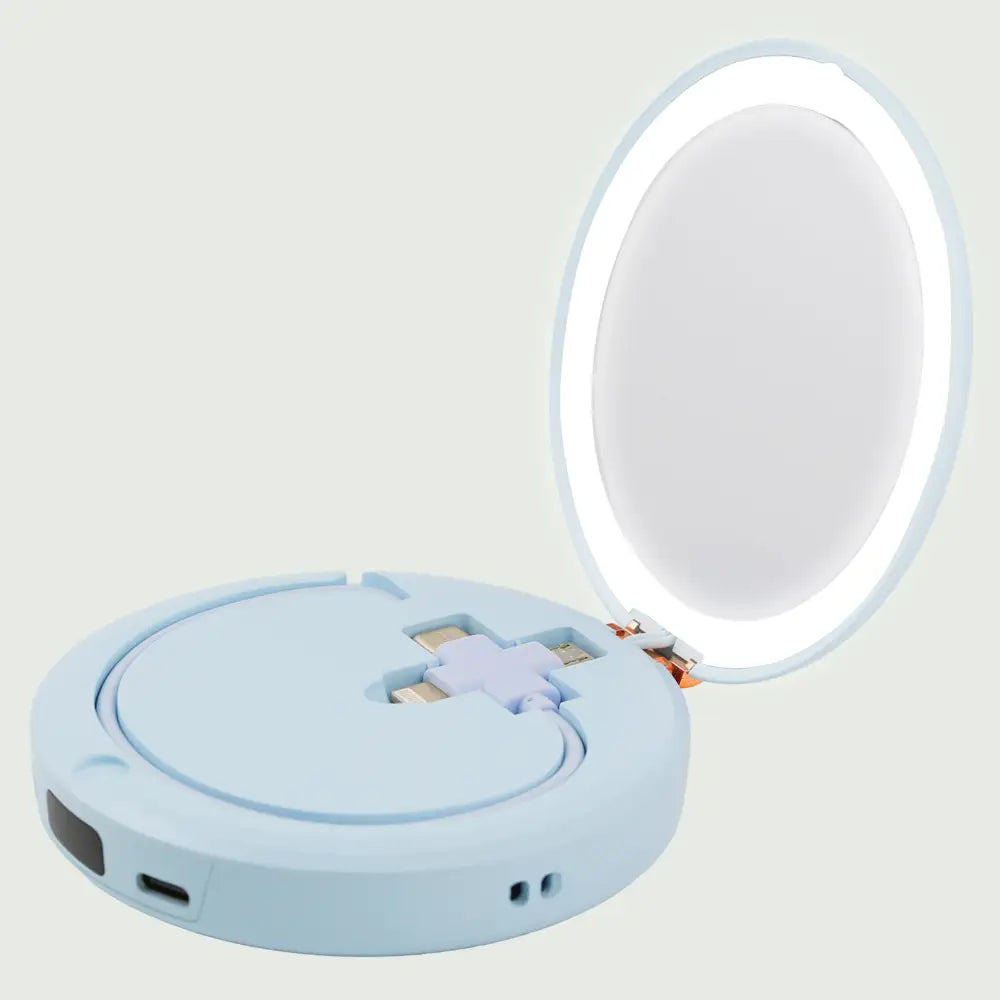 Blue re-nū LED Mirror + Power Bank open with built-in LED light illuminated