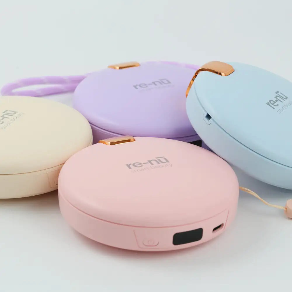 re-nū LED Mirror + Power Bank in Blue, Purple, Pink, and Beige color options, closed