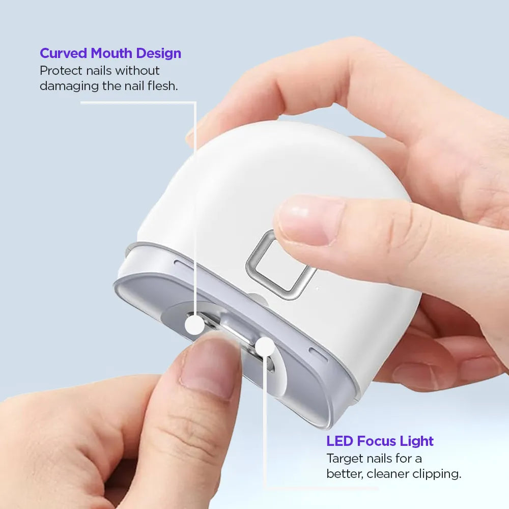 Hands demonstrating a white LED nail clipper with curved mouth design and a built-in LED focus light for precise, safe trimming on a blue background.