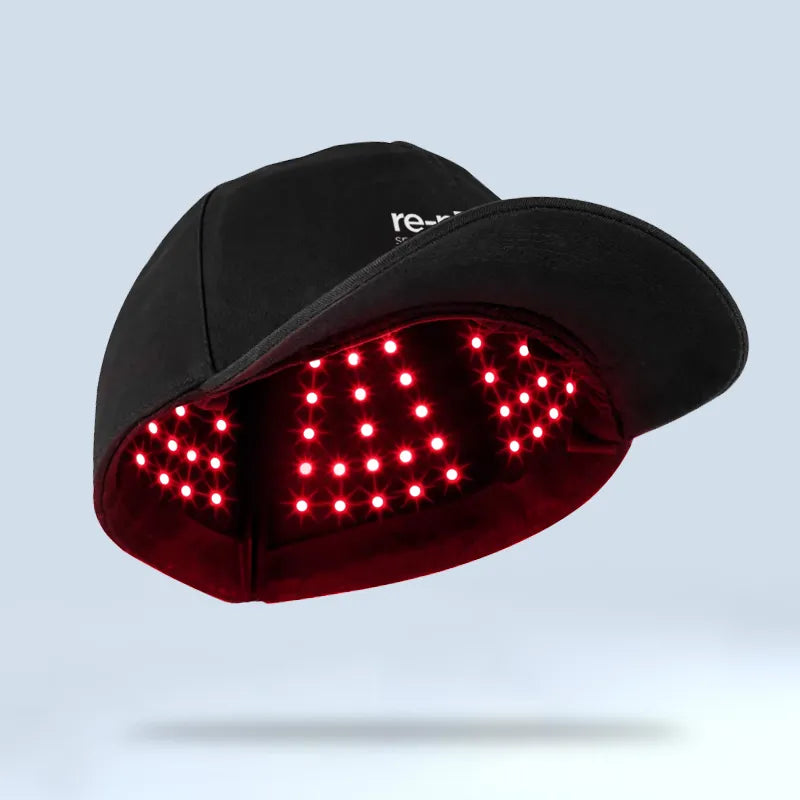 LED red light therapy cap with built-in diodes for promoting hair growth, regrowth, and scalp stimulation.


