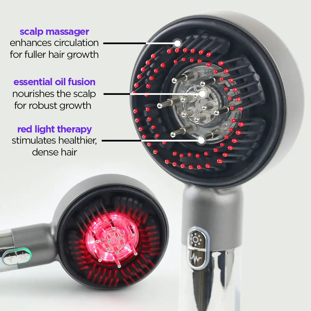 Close-up of LED Therapy Massage Comb head showing red light therapy, scalp massager bristles, and essential oil infusion points for promoting hair growth and scalp nourishment.