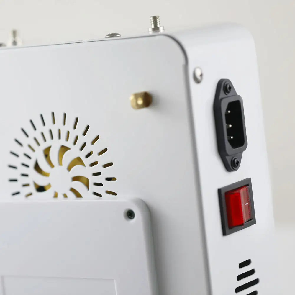 Closeup view of the Red Light Therapy Panel Pro on its adjustable stand, showing the cooling fans, power cord port and button controls.